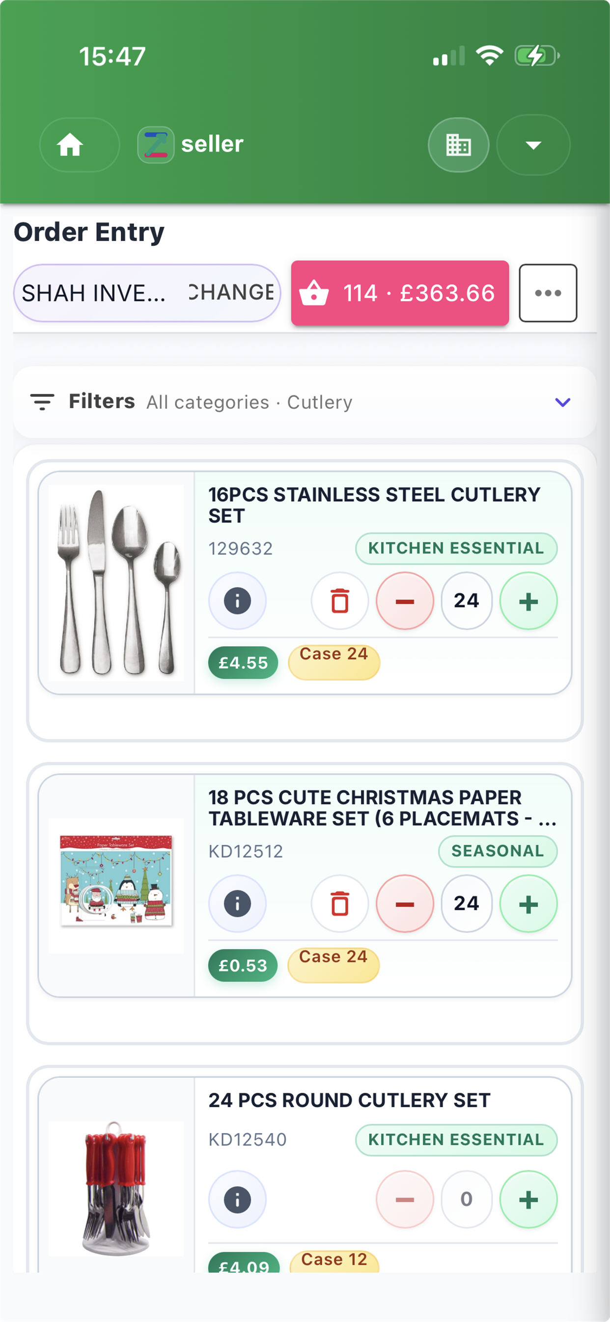 ZSeller mobile order entry product catalogue